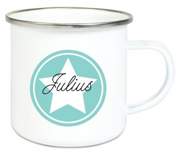 ♥ Tasse Emailletasse Button Stern, Einschulung KITA Wunschname, Dankeschön, Geburtstag, Abschied, Jubiläum, Geschenk, Becher von Lüttentüddel